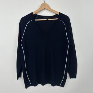 J.CREW Sweater Merino Wool V-Neck  Womens  Small  Dark Navy  Piping 3/4 Sleeve
